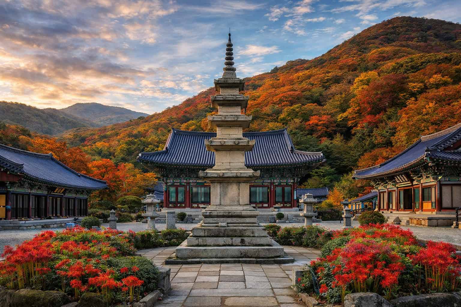 Bulgapsa Temple in Yeonggwang surrounded by autumn mountains and traditional Korean architecture