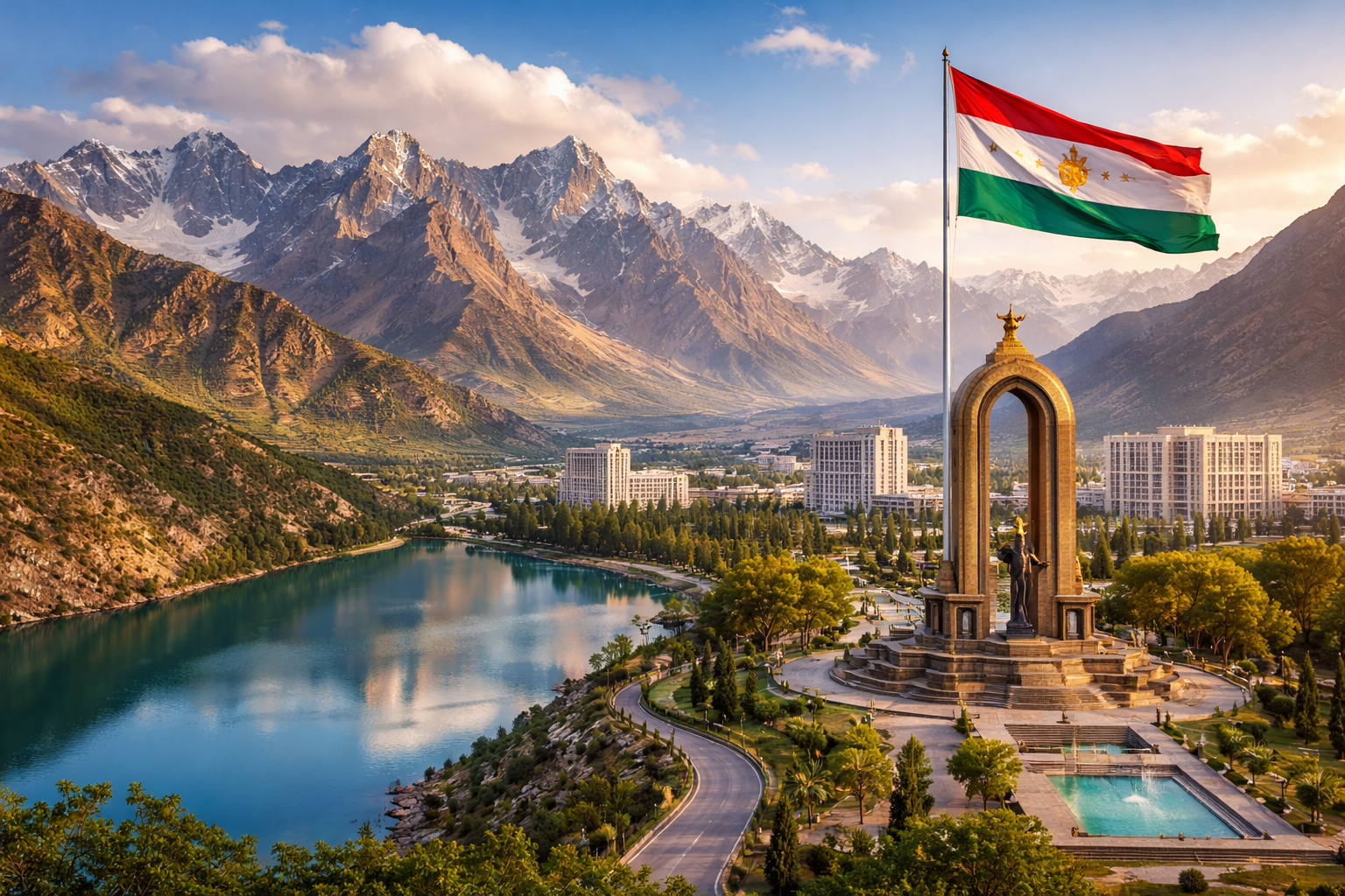 Pamir Mountains and Dushanbe monument landscape representing Tajikistan travel