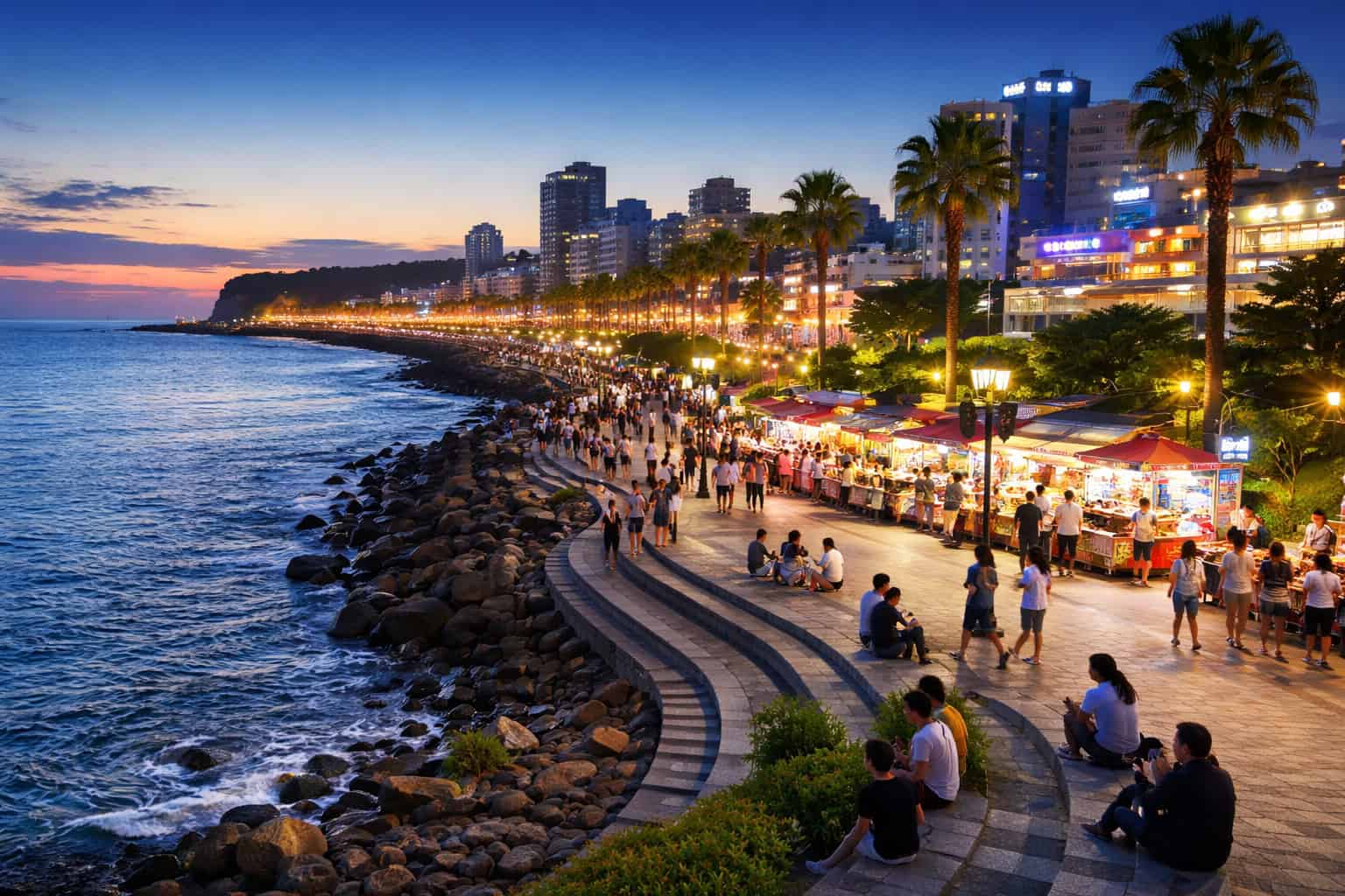 Tapdong Square Jeju waterfront promenade at sunset with city lights and ocean view