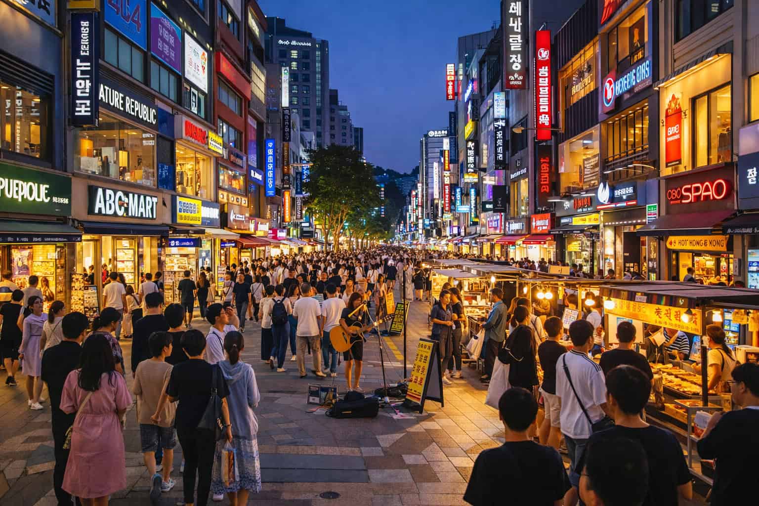 Dongseong-ro Daegu vibrant shopping street at night with neon lights and busy crowds