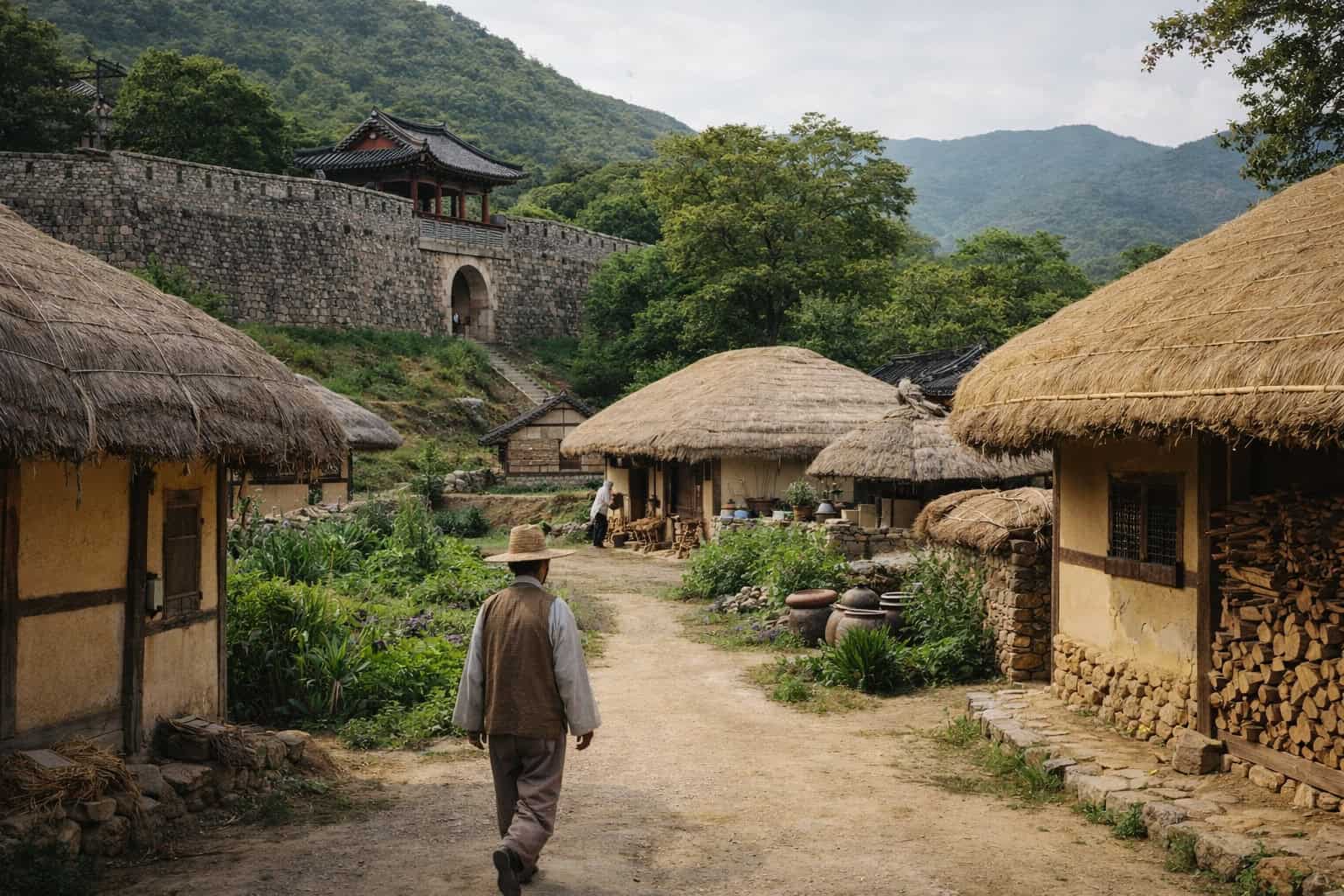 Naganeupseong Folk Village Suncheon traditional Korean hanok houses and stone fortress wall with local resident walking through historic village