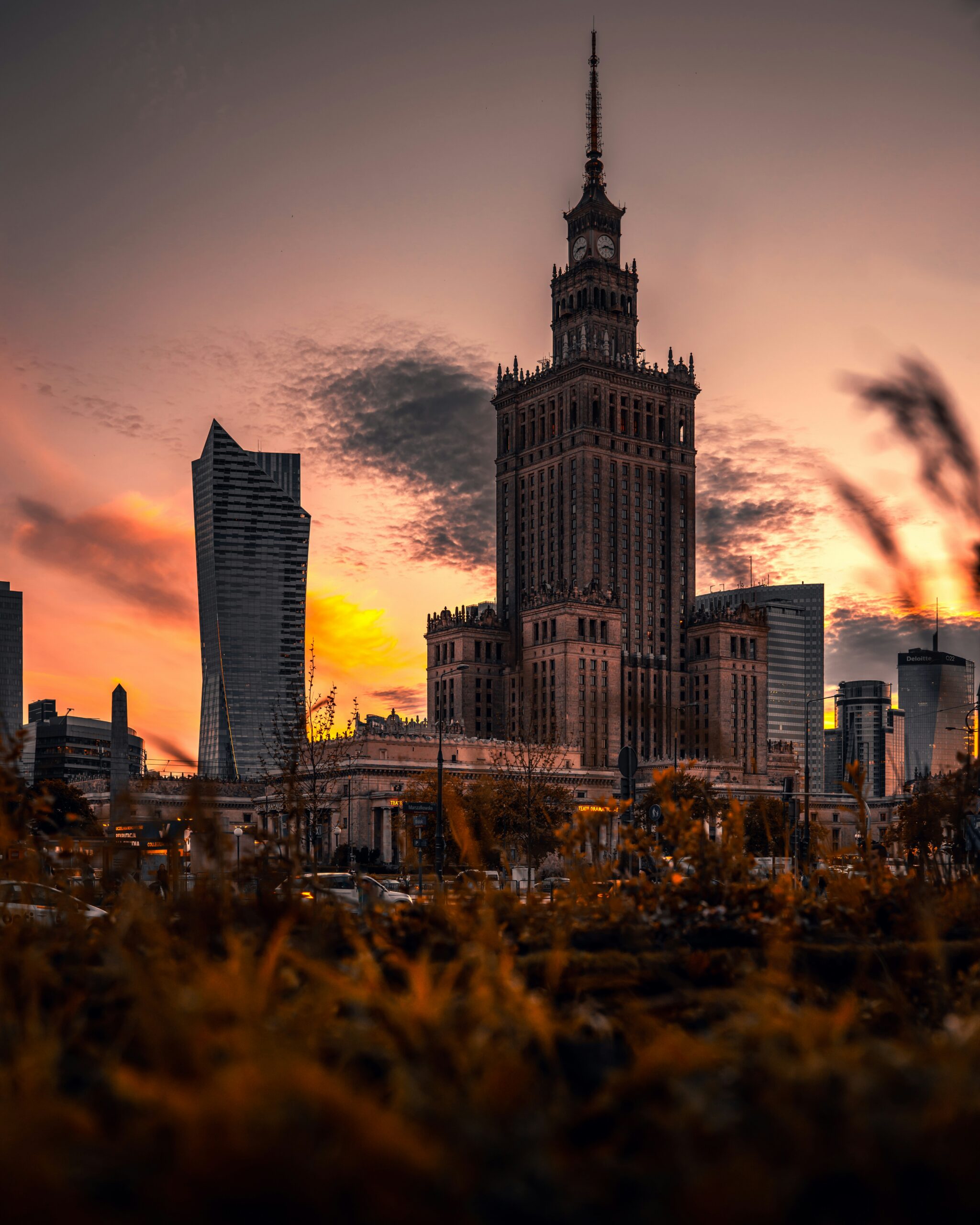 Palace of Culture and Science skyline in Warsaw Poland at sunset