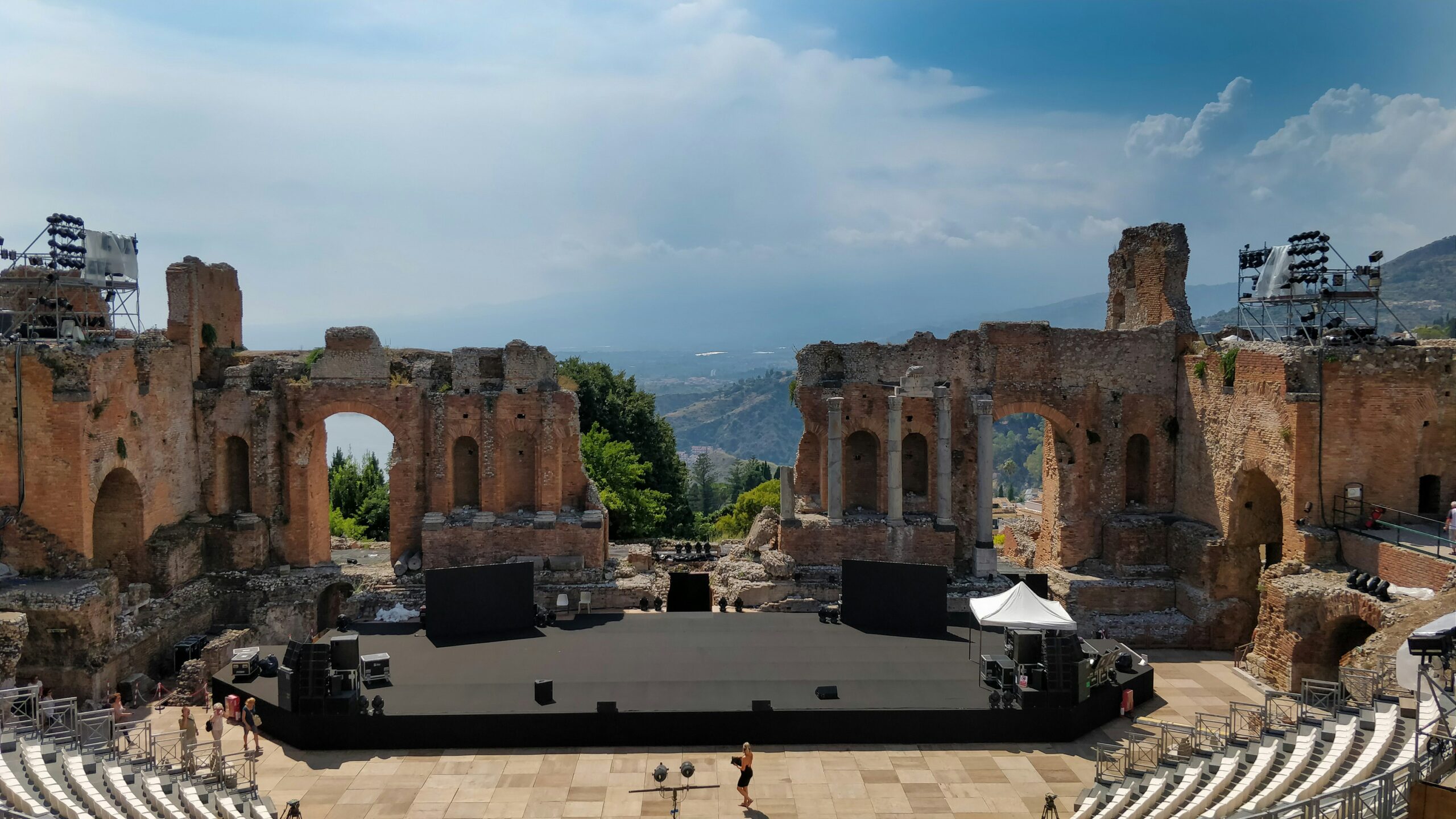 Taormina Greek Theatre ancient amphitheatre ruins overlooking Mount Etna and the sea in Sicily Italy