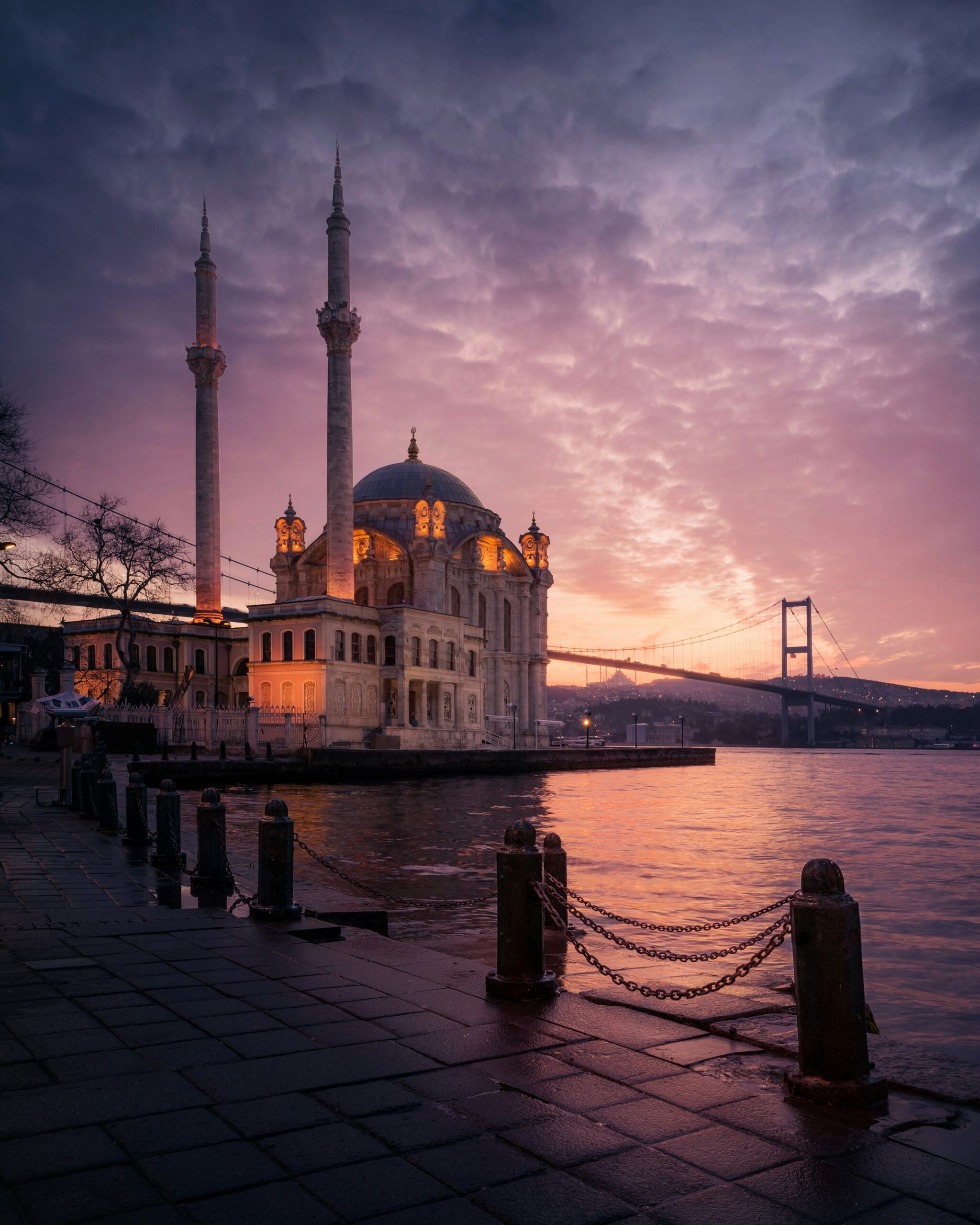 Ortakoy Mosque and Bosphorus Bridge at sunset in Istanbul Turkey travel destination