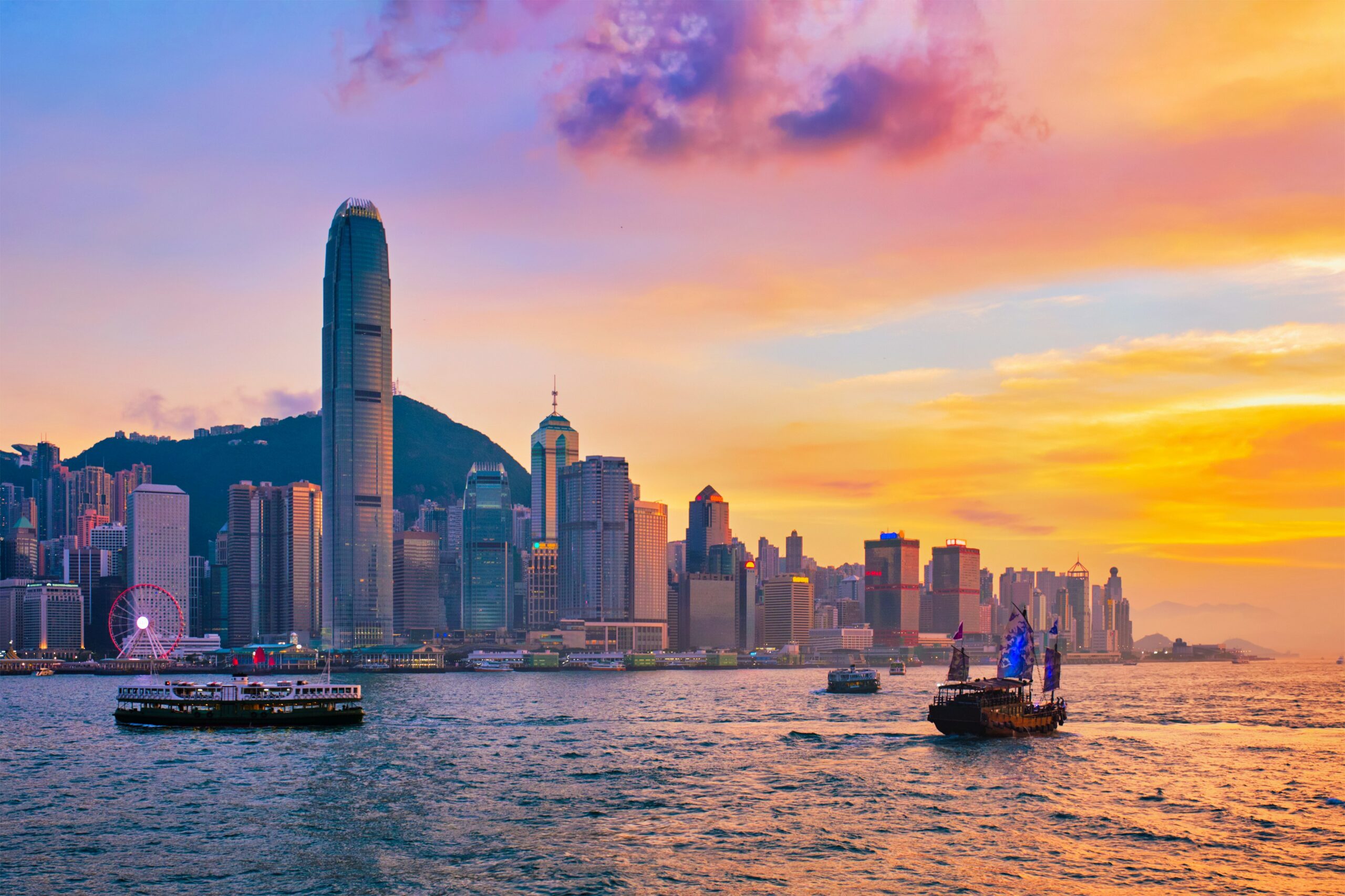 Hong Kong skyline Victoria Harbour sunset junk boat city view 2026