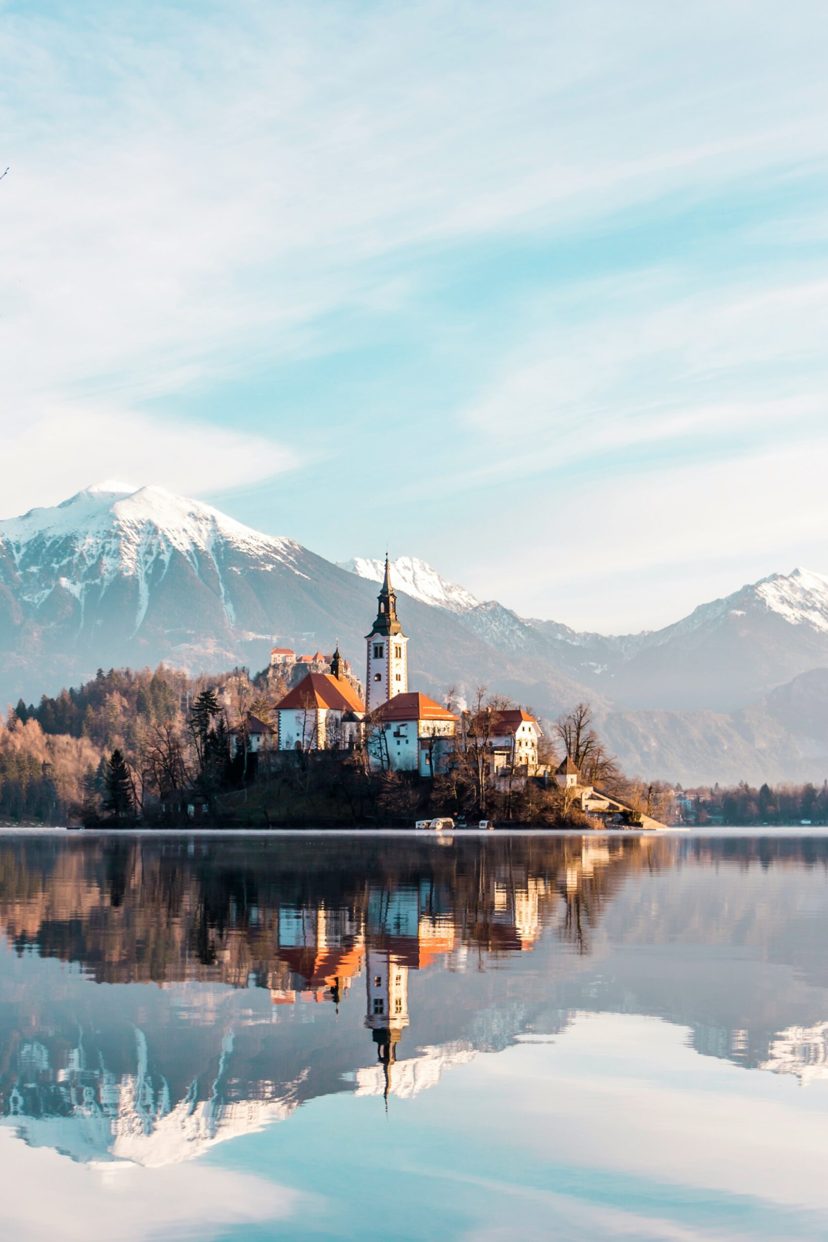 Slovenia visa travel destination Lake Bled scenic view with island church and mountains