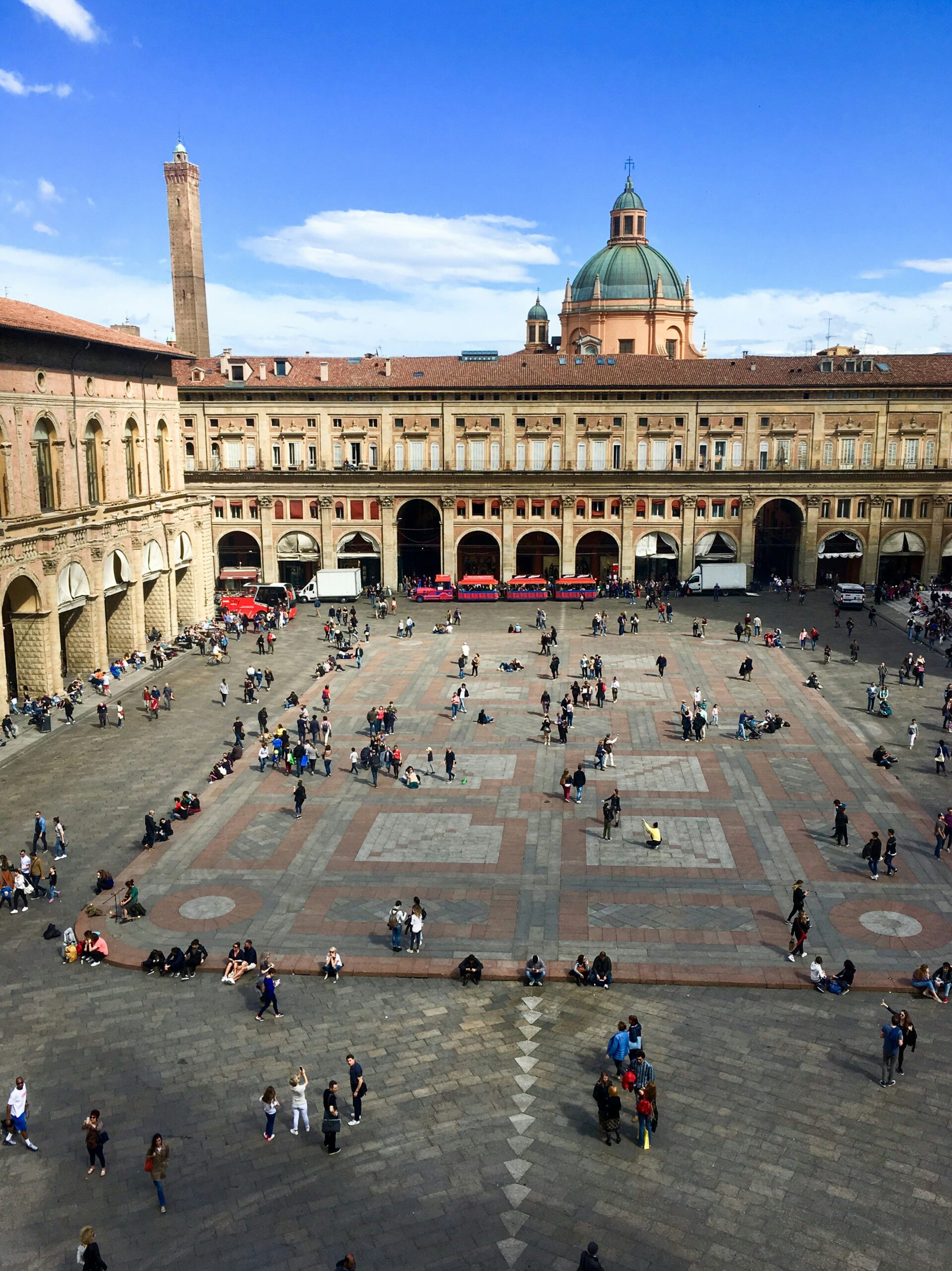 Bologna Piazza Maggiore aerial view showing the historic square and surrounding arcades in Bologna Italy