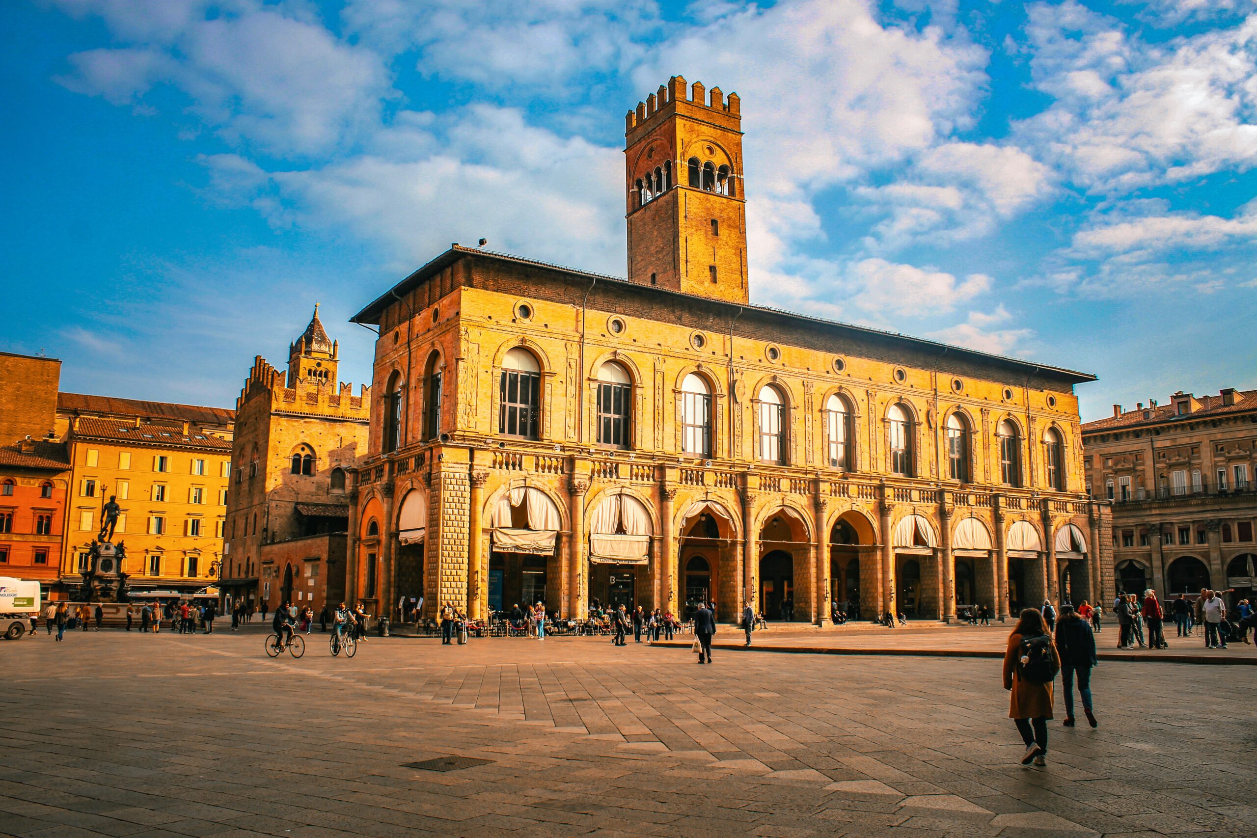 Bologna Piazza Maggiore square with Palazzo d’Accursio historic building in Bologna Italy
