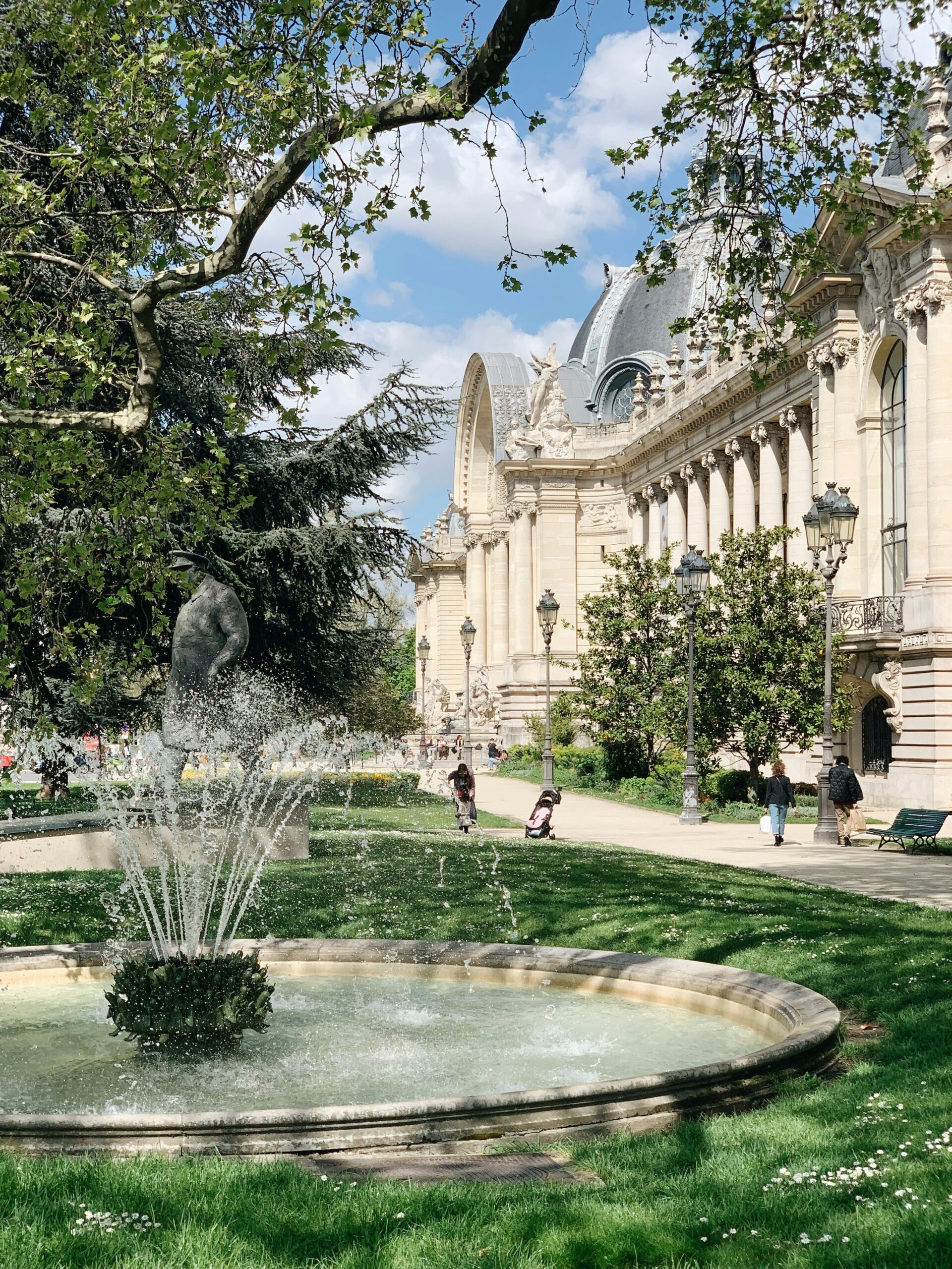 Grand Palais Paris exterior architecture with garden fountain and Belle Époque facade