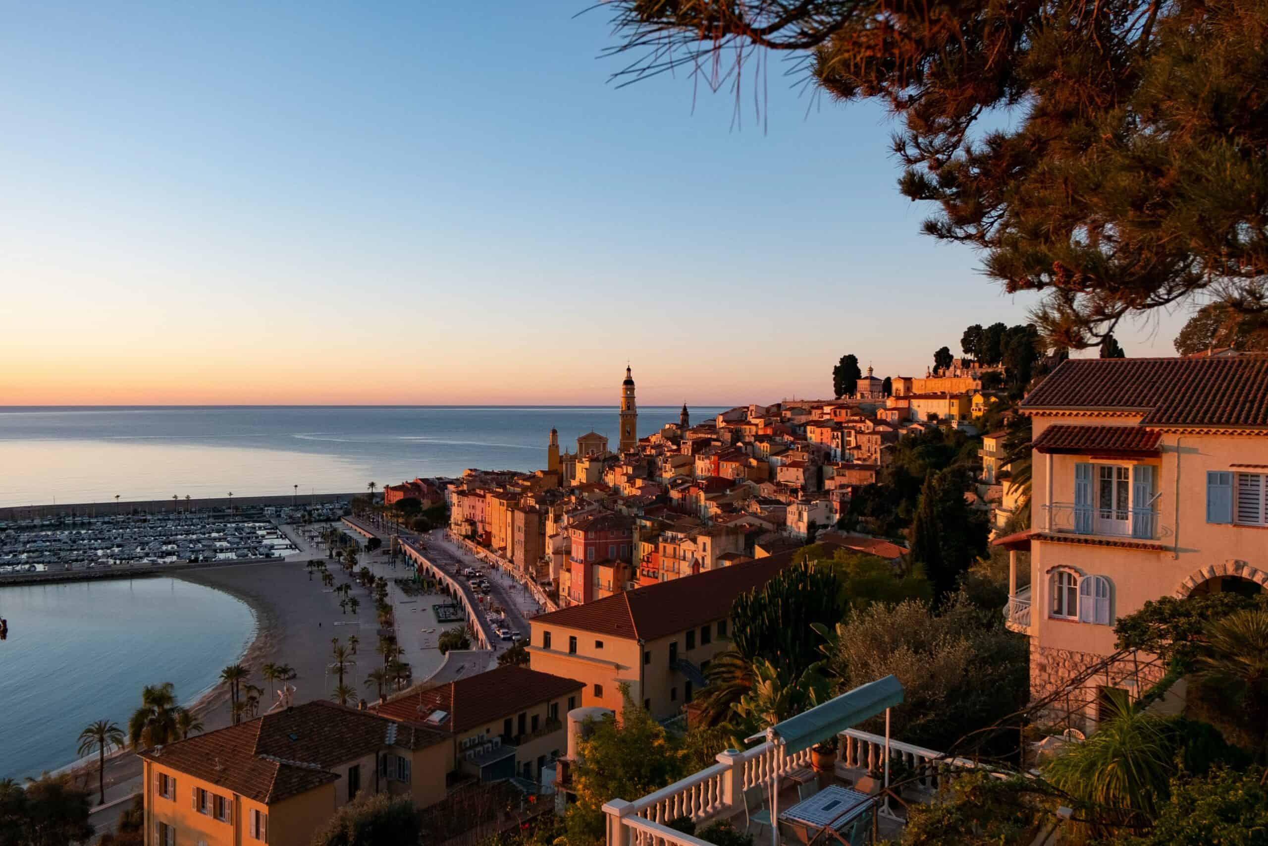 Menton Old Town panoramic view over colorful houses and Mediterranean coast