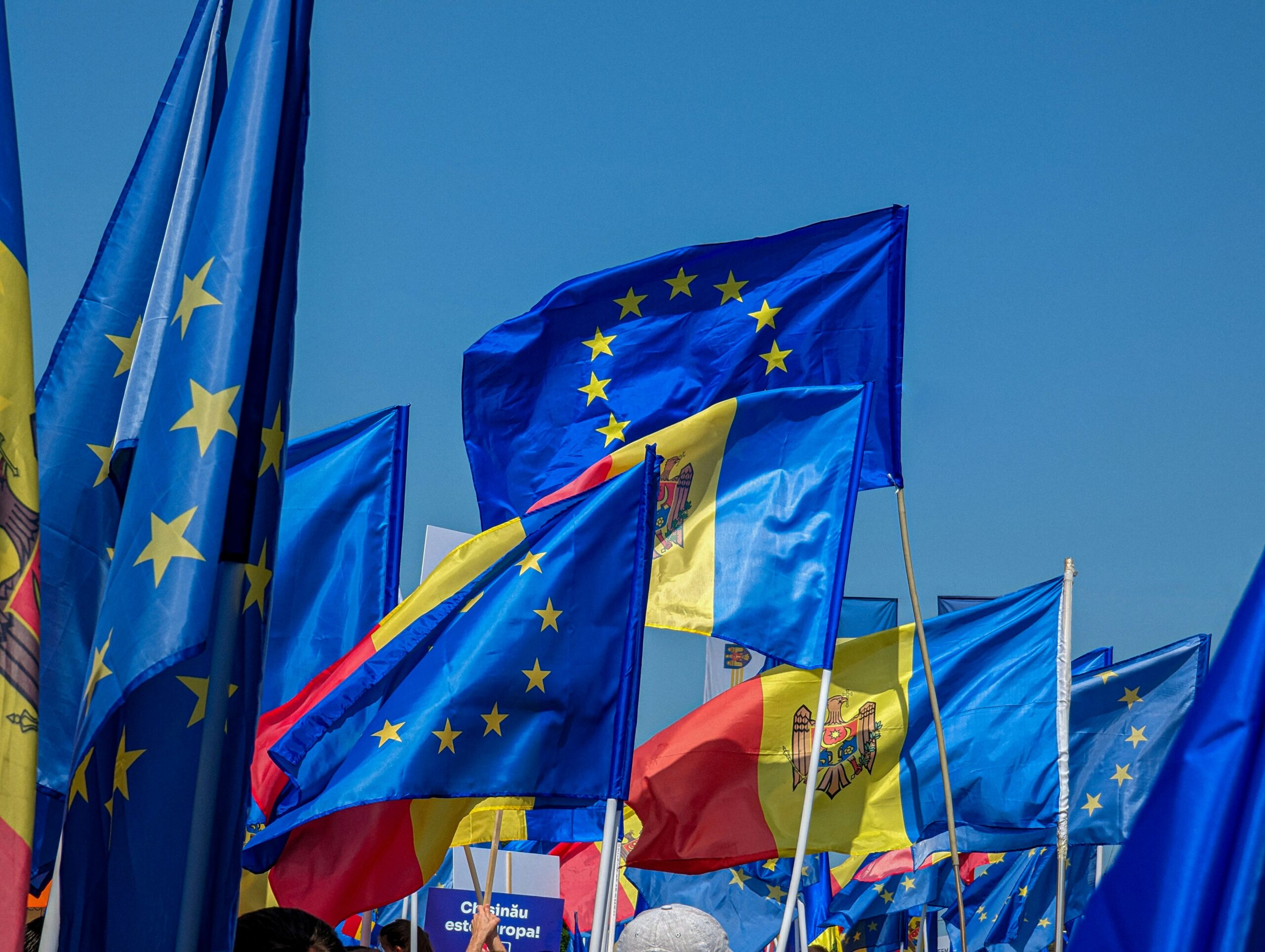 Moldova national and European Union flags representing travel entry and visa access to Moldova