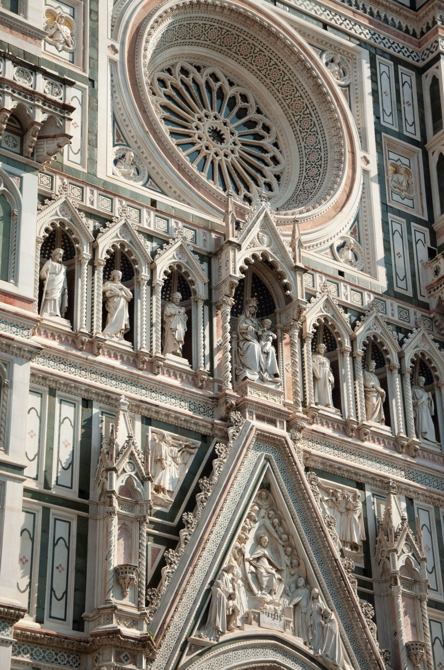 Florence Cathedral facade detail marble decoration and rose window Duomo Florence