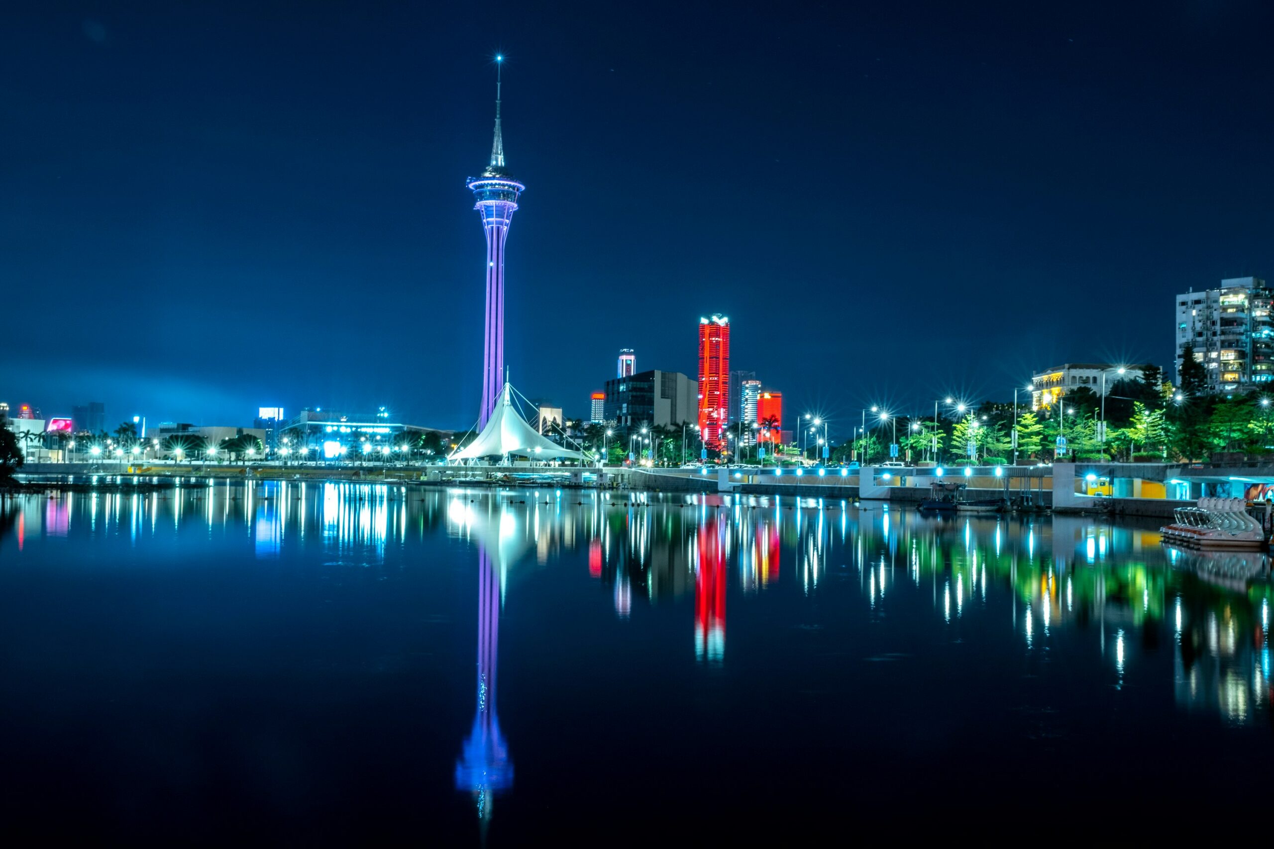 Macau skyline at night with casinos and city lights