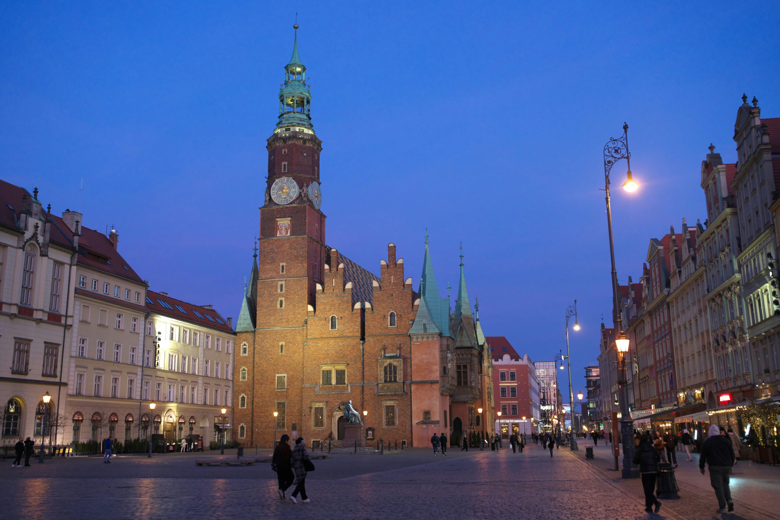 Historic Old Town square in Wroclaw Poland at dusk
