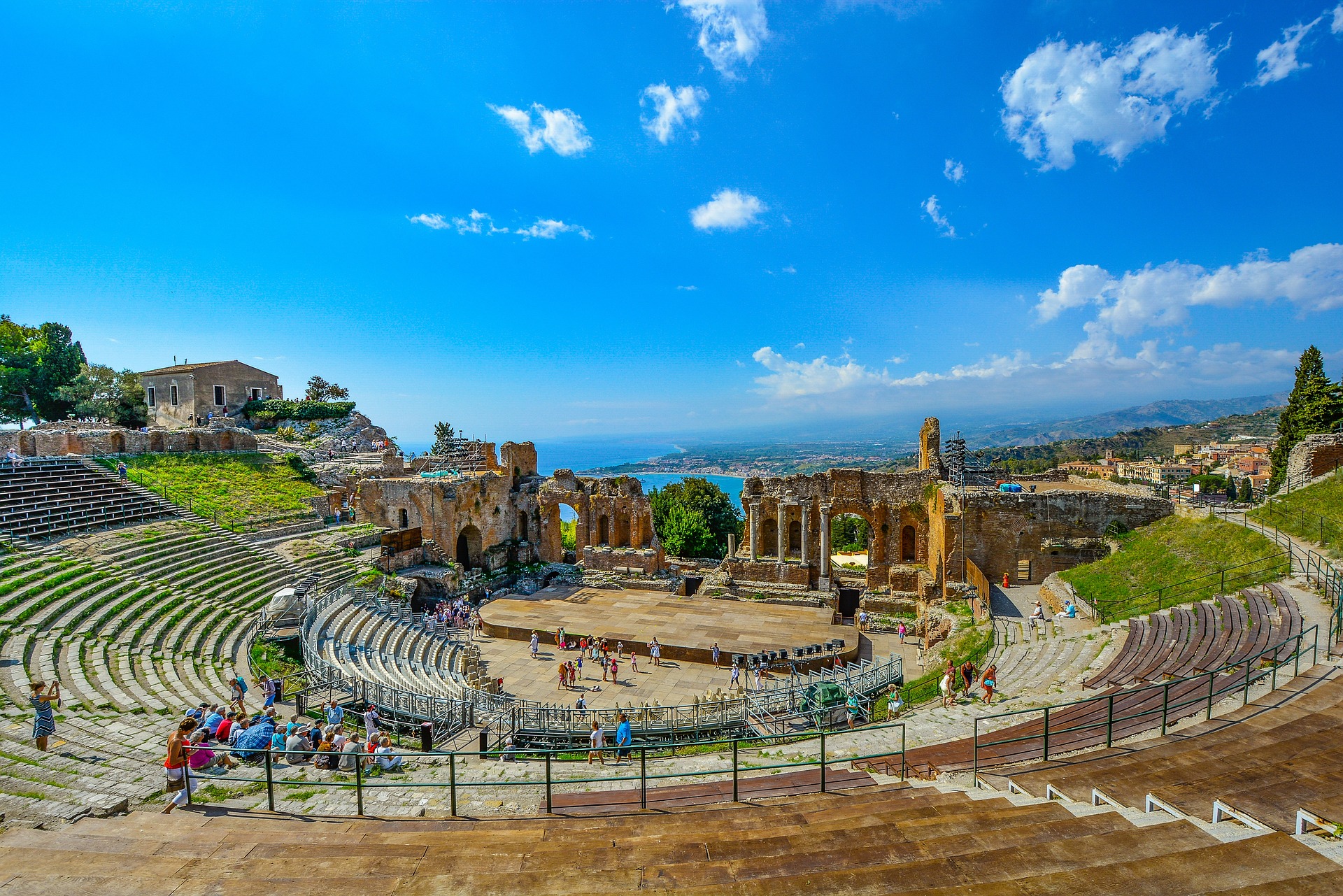 Taormina Greek Theatre ancient amphitheatre with Mount Etna view in Sicily Italy