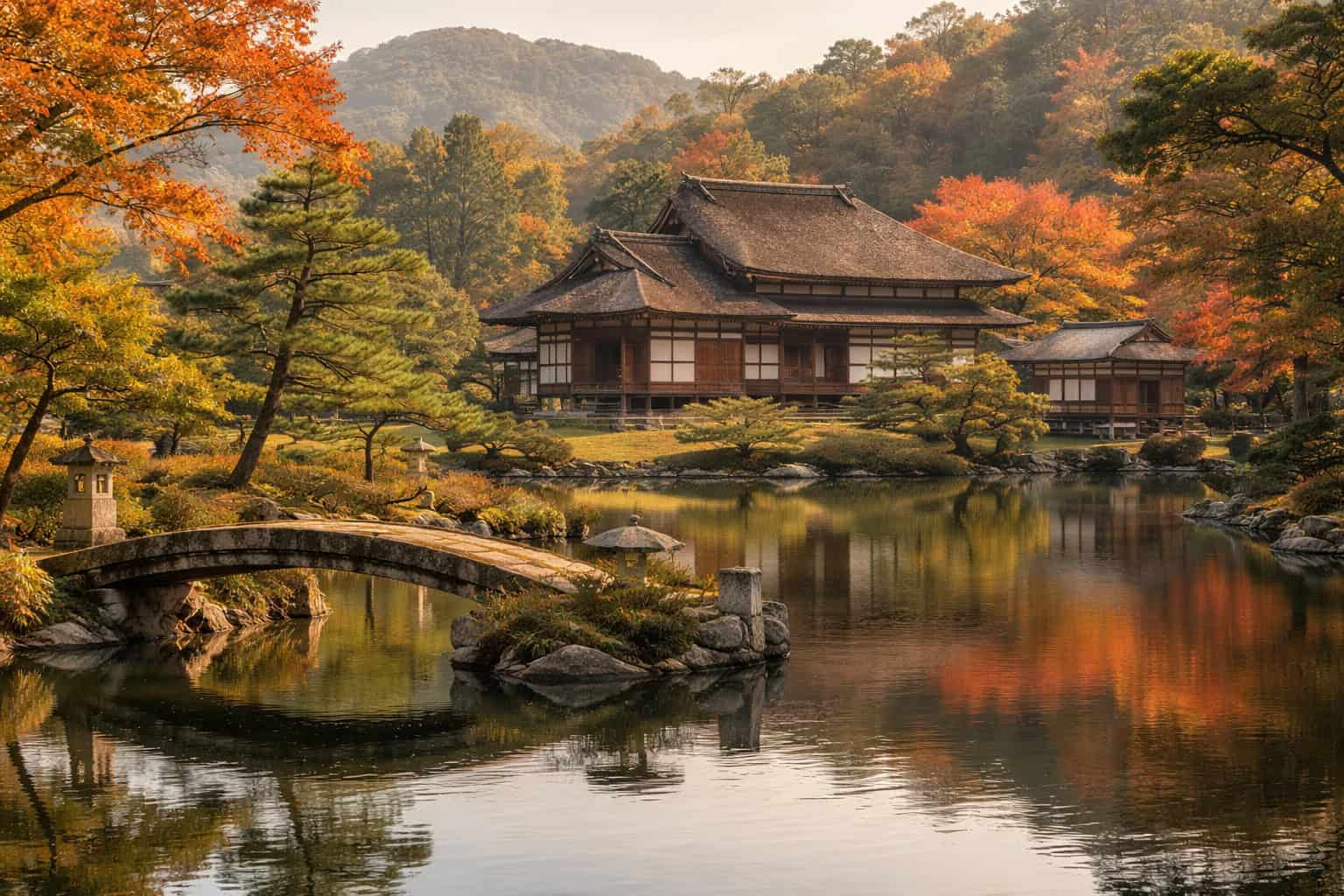 Katsura Imperial Villa Kyoto garden with reflective pond and traditional wooden architecture in autumn morning