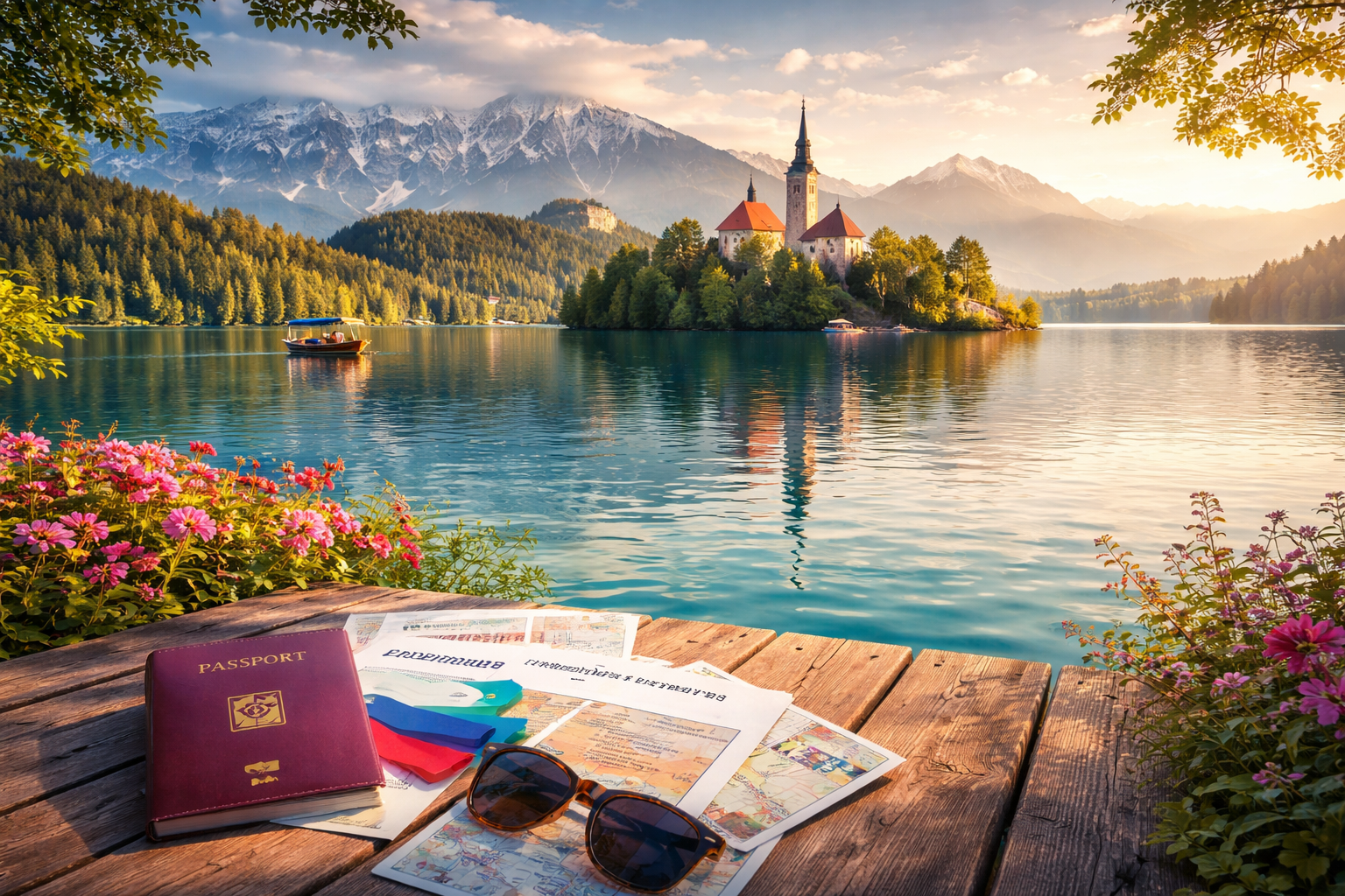 Lake Bled at sunrise with travel documents and passport on a wooden pier in Slovenia