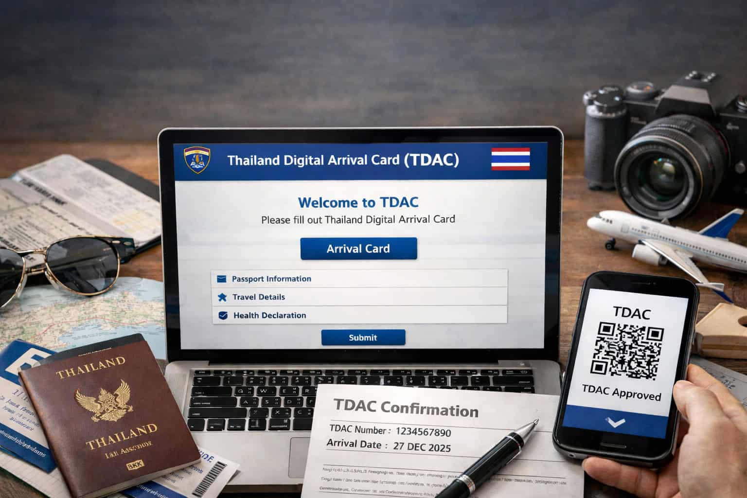 Thailand Digital Arrival Card (TDAC) online submission shown on a laptop with passport, QR code, and travel documents for Thailand entry in 2026.
