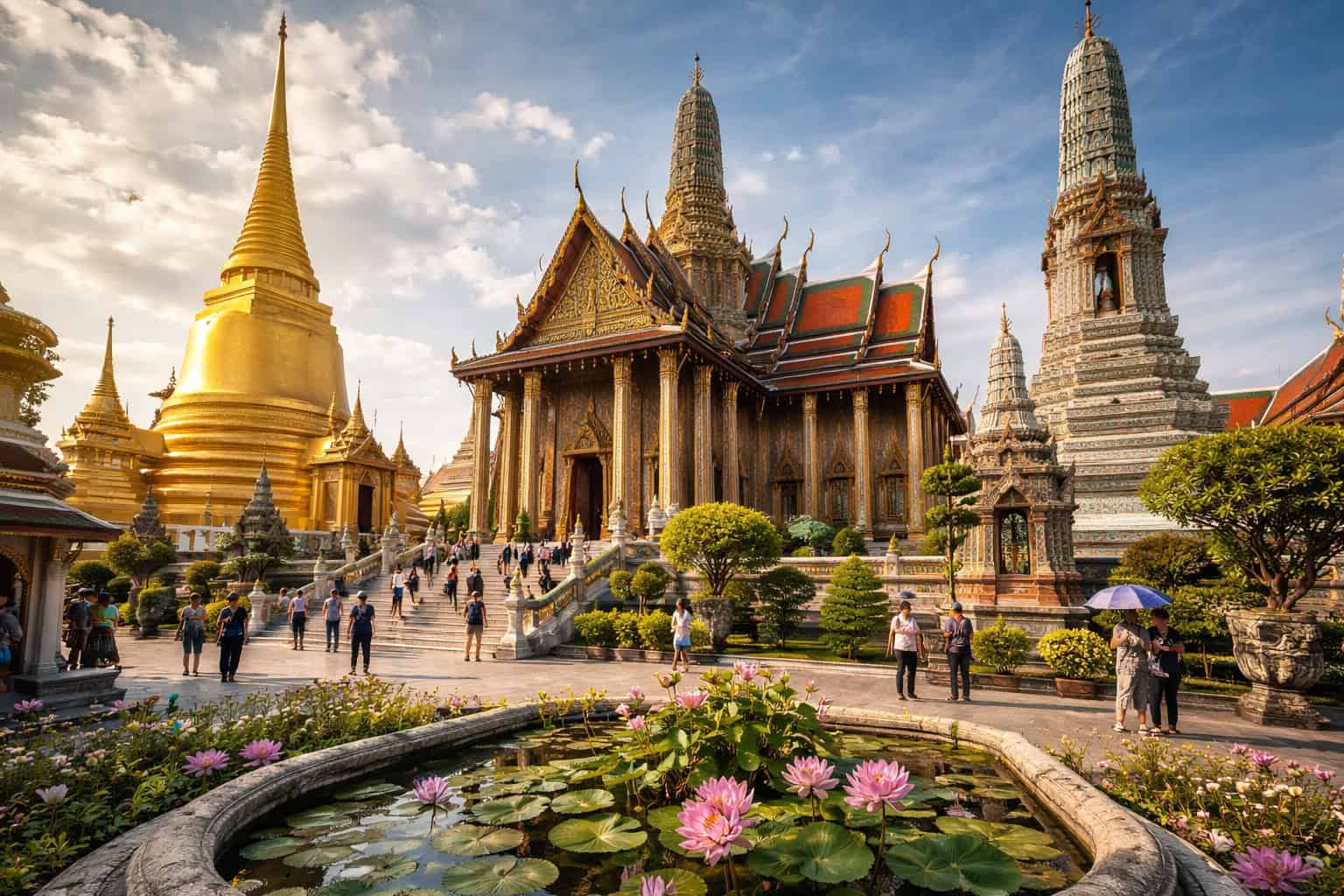 Wat Phra Kaew and the Grand Palace complex in Bangkok, Thailand, with golden spires and temple architecture