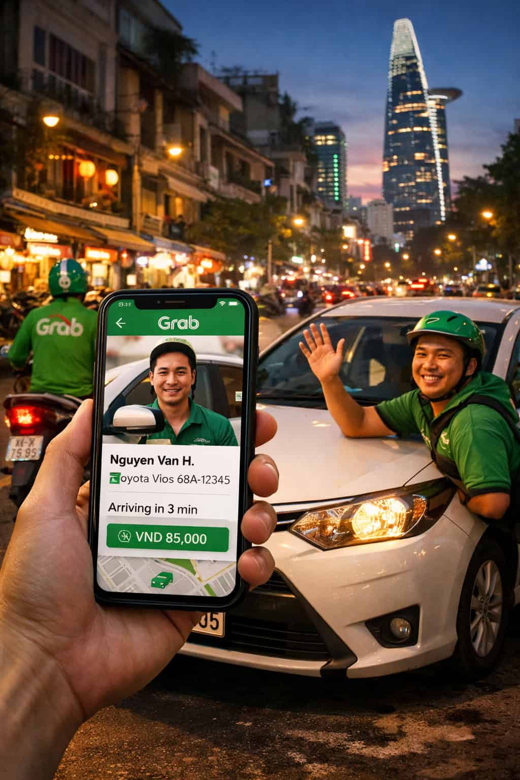 Grab Vietnam ride-hailing app pickup in Ho Chi Minh City with driver confirmation and real-time arrival for tourists 