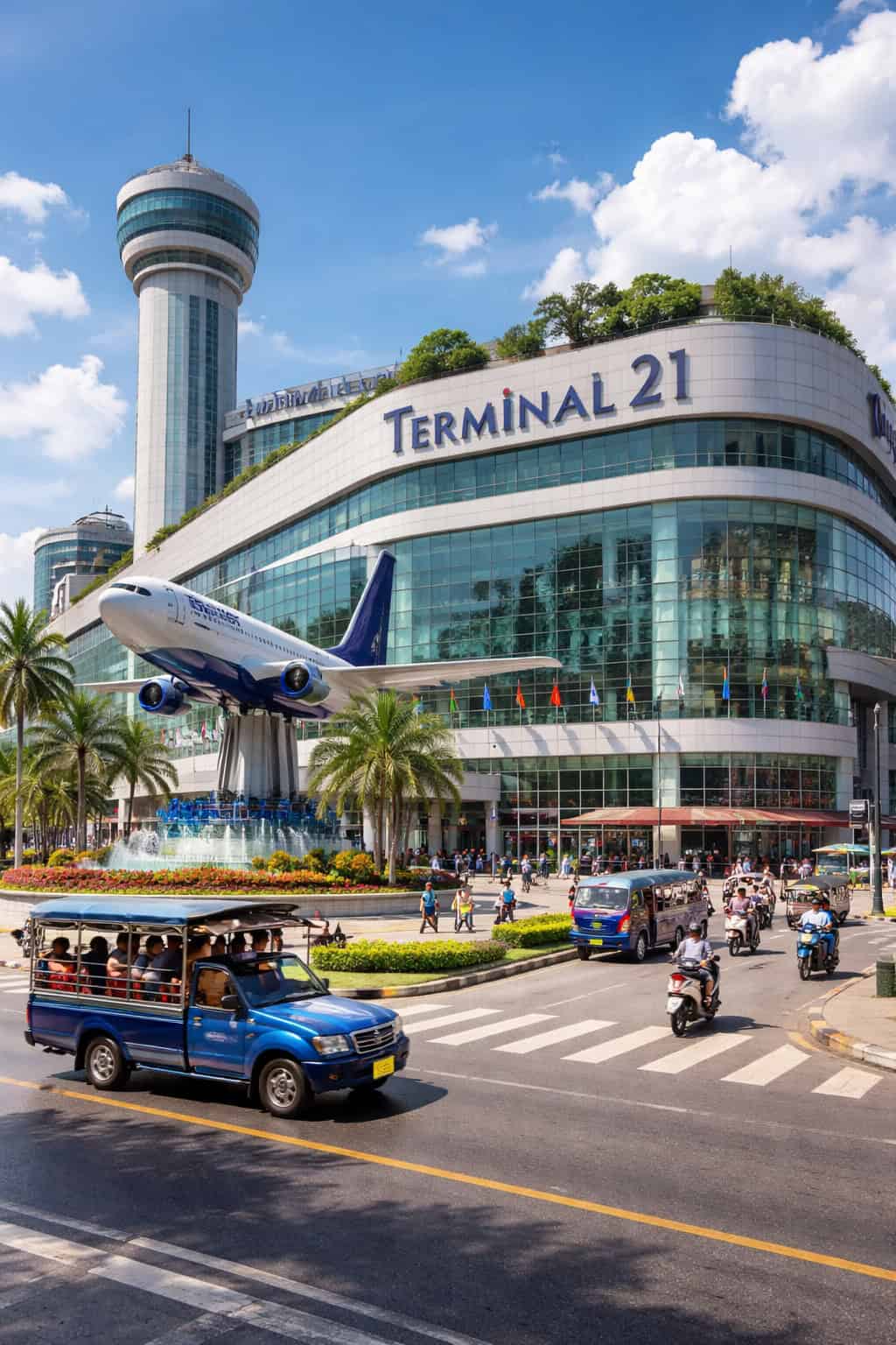 Terminal 21 Pattaya shopping mall entrance with airplane statue and busy Pattaya street Thailand
