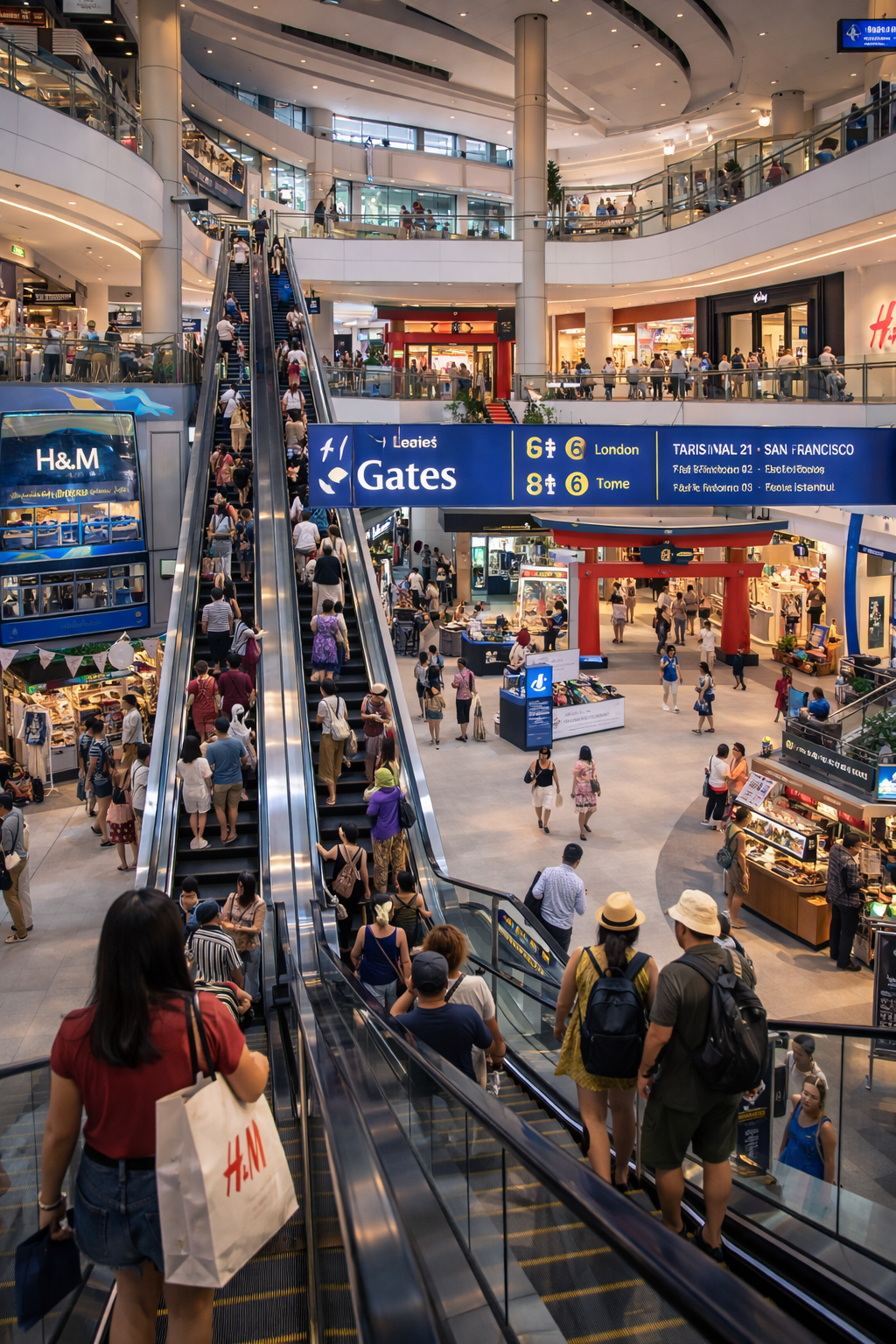 Terminal 21 Pattaya mall interior escalator and airport themed shopping hall Thailand