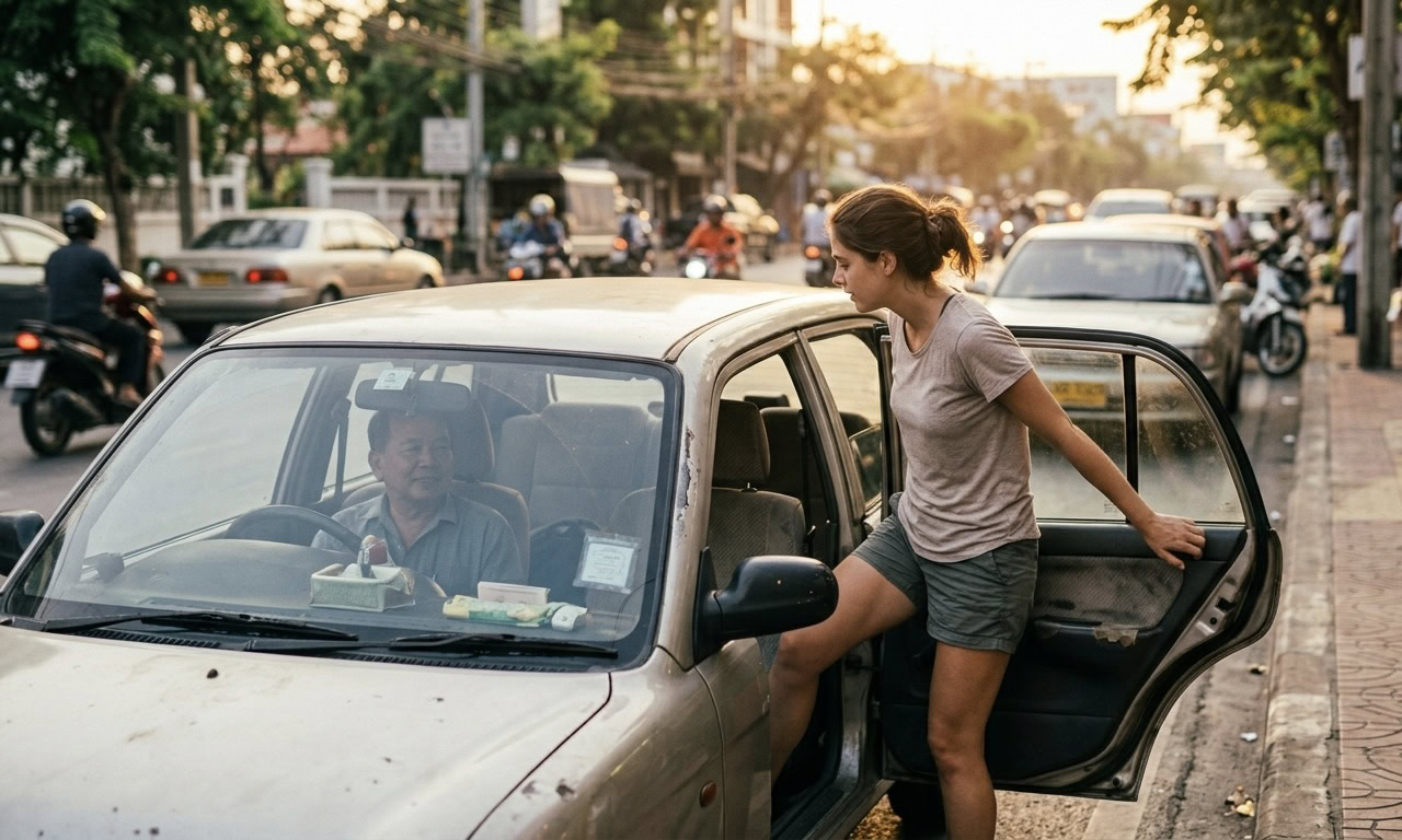 inDrive pickup experience traveler entering car Southeast Asia street ride hailing