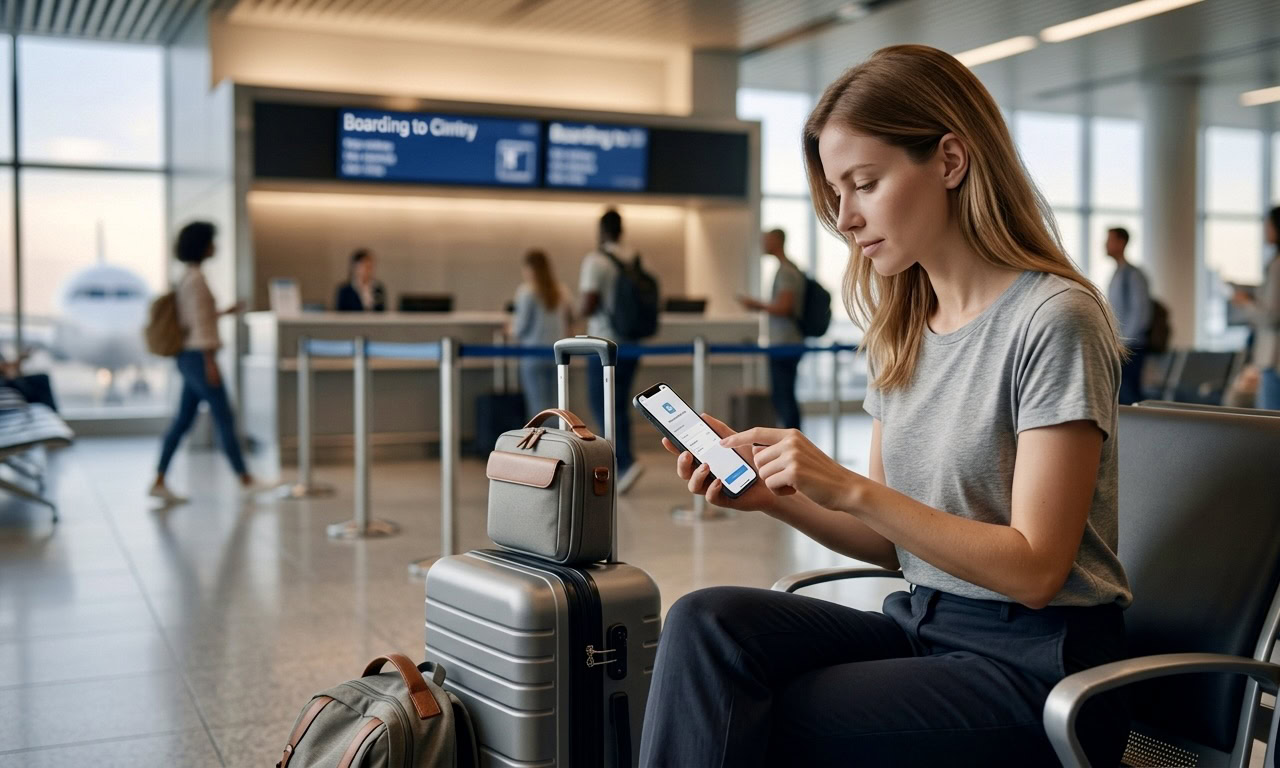 traveler setting up Roamless eSIM on smartphone at airport terminal before flight