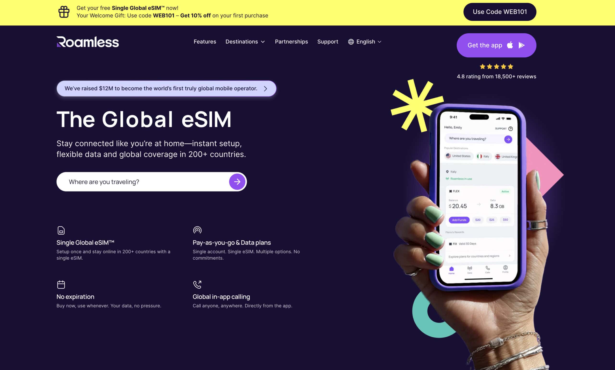 Roamless eSIM app interface showing FLEX prepaid credit system