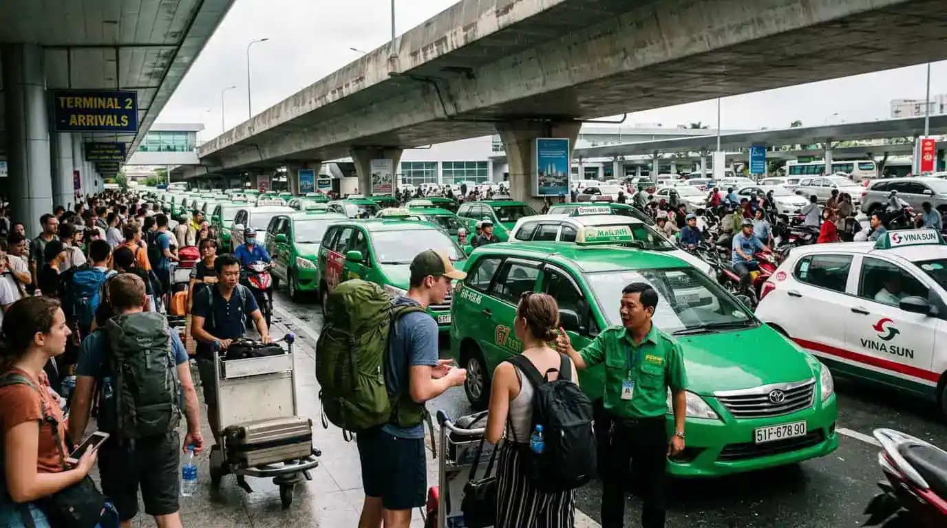 Hanoi street traffic chaos with taxis motorbikes and travelers arriving in the city center