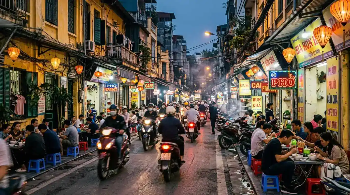 Hanoi 3 day itinerary Old Quarter street food scene with motorbikes and local restaurants